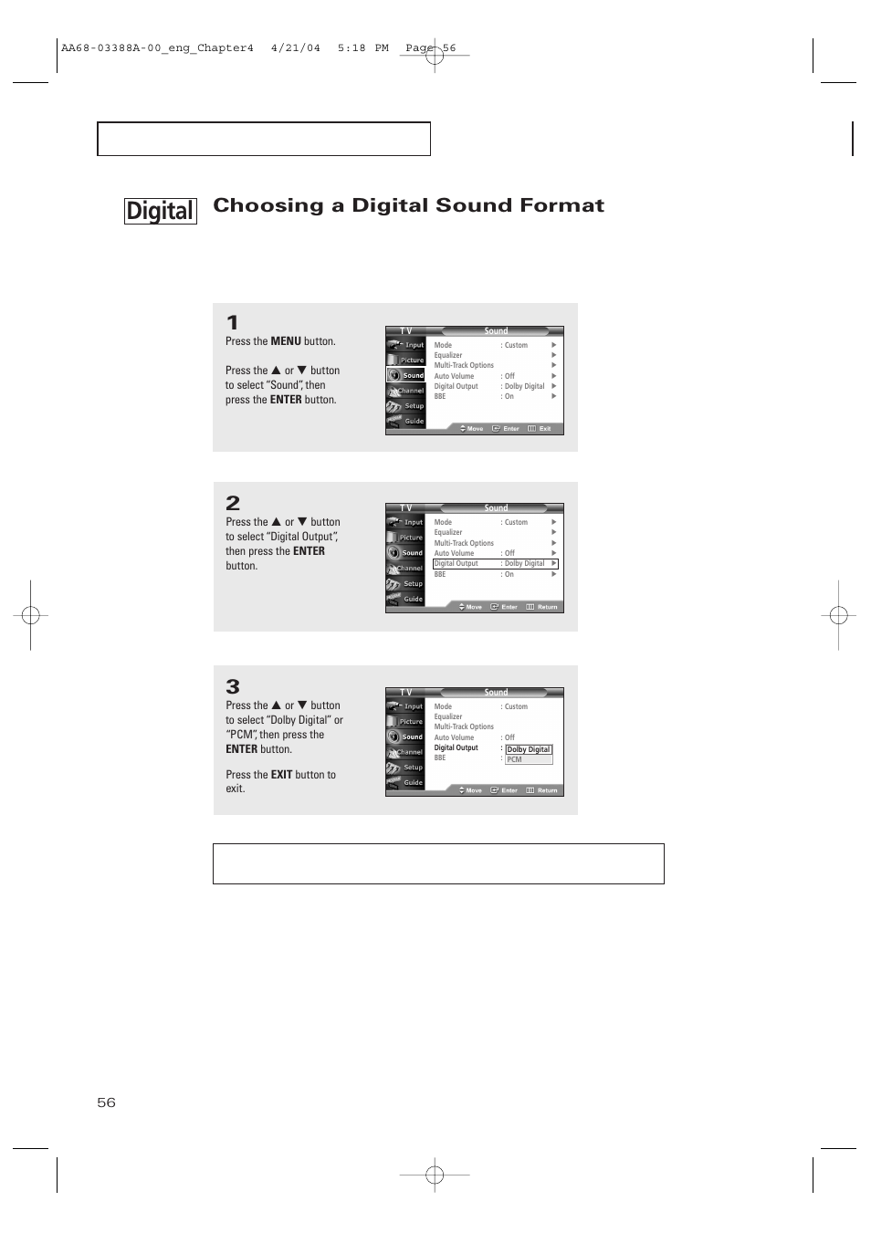 Choosing a digital sound format, Digital | Samsung DynaFlat TX-P3076WH User Manual | Page 56 / 92