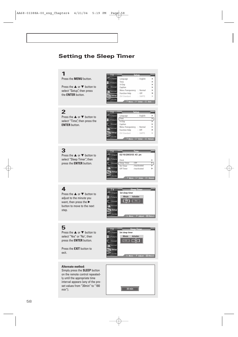 Setting the sleep timer | Samsung DynaFlat TX-P3076WH User Manual | Page 58 / 92