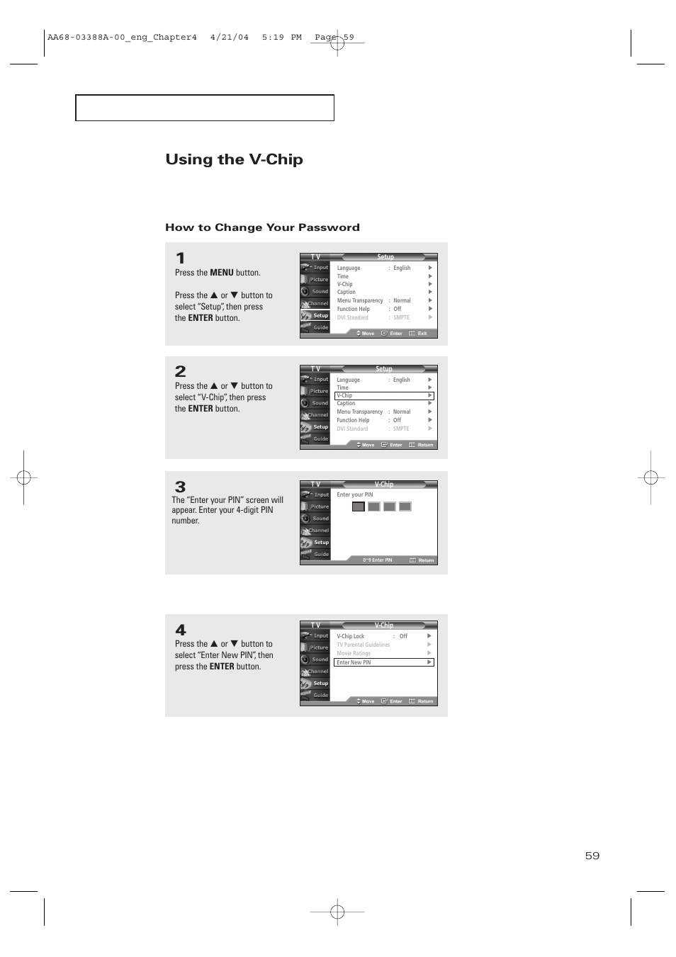 Using the v-chip, How to change your password | Samsung DynaFlat TX-P3076WH User Manual | Page 59 / 92