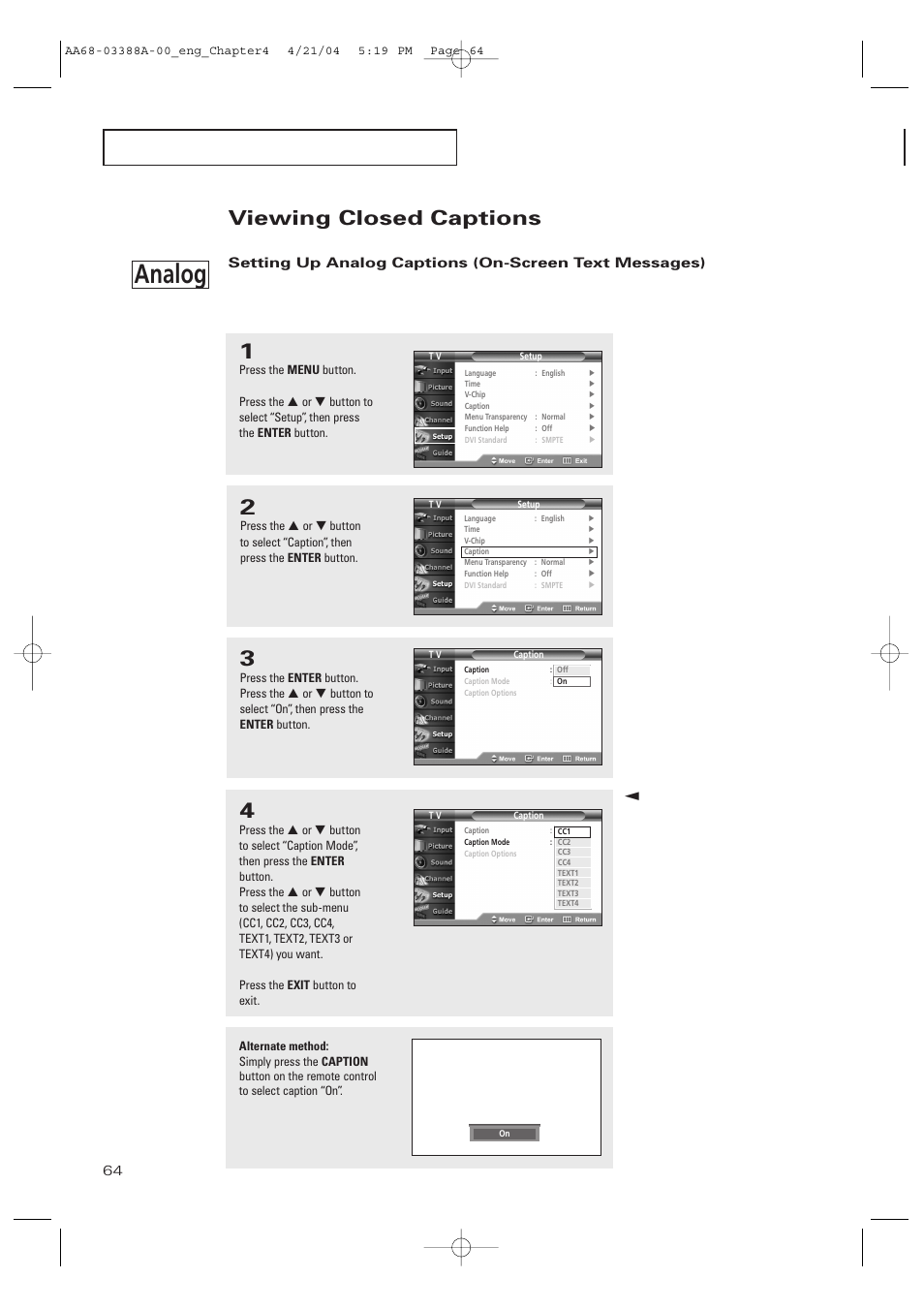 Viewing closed captions, Analog | Samsung DynaFlat TX-P3076WH User Manual | Page 64 / 92