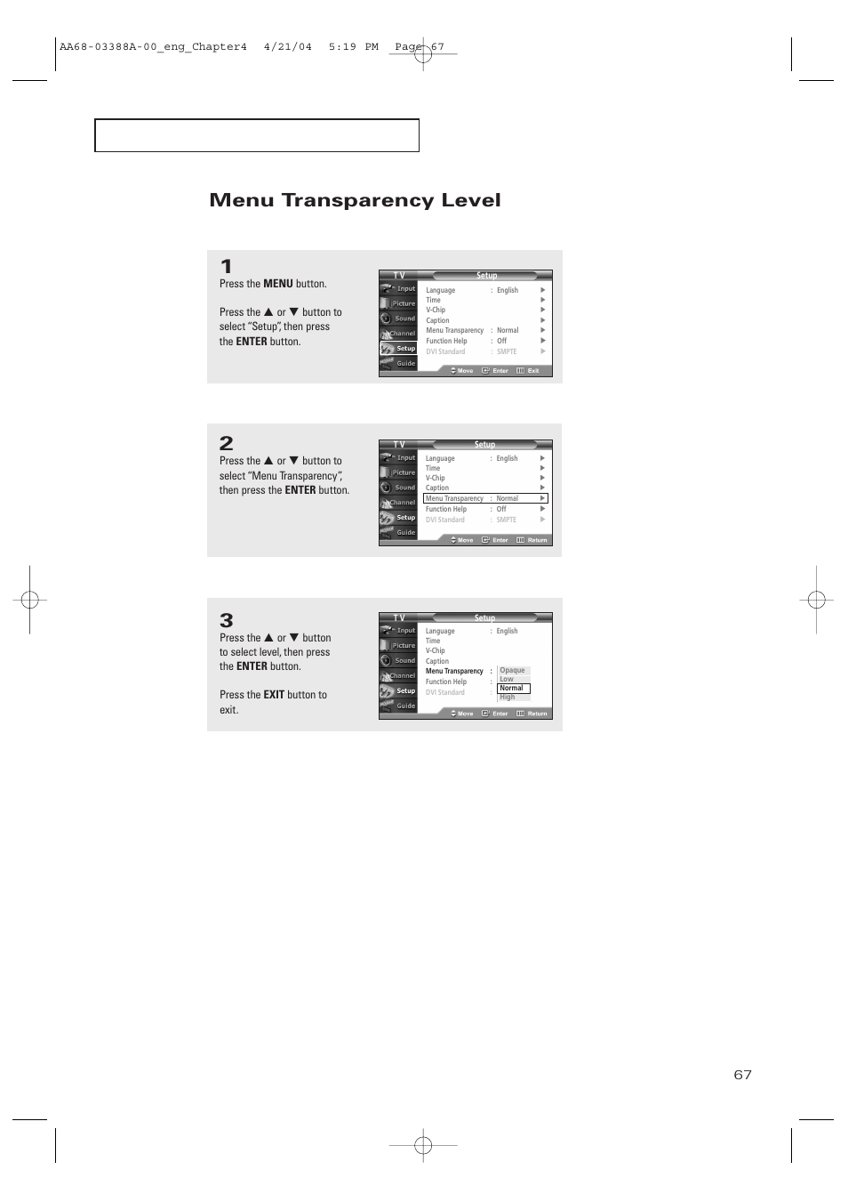 Menu transparency level, Adjusts the transparency of the menu screen | Samsung DynaFlat TX-P3076WH User Manual | Page 67 / 92