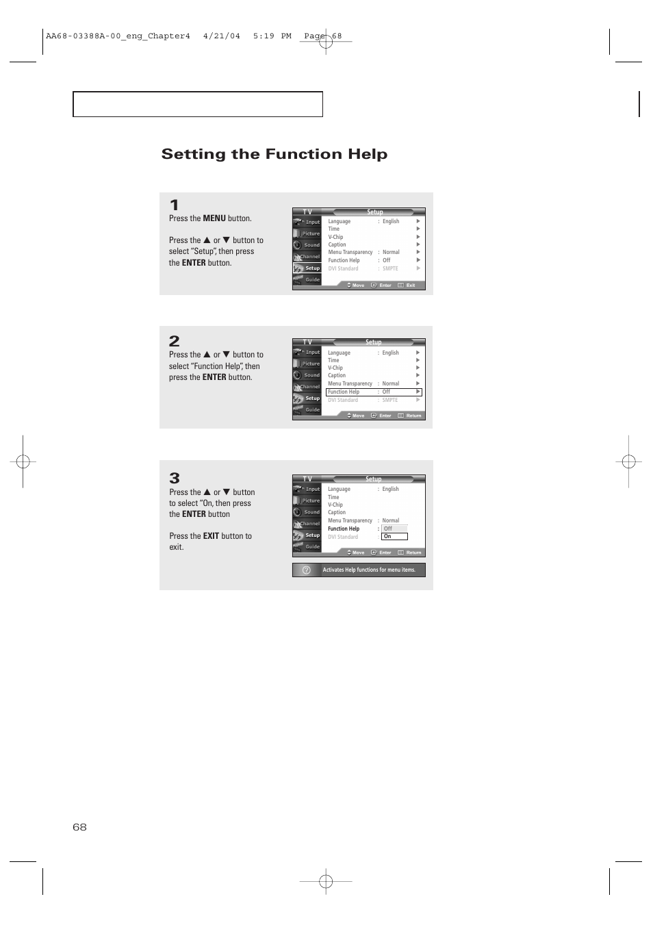 Setting the function help, Displays help on the menu functions | Samsung DynaFlat TX-P3076WH User Manual | Page 68 / 92