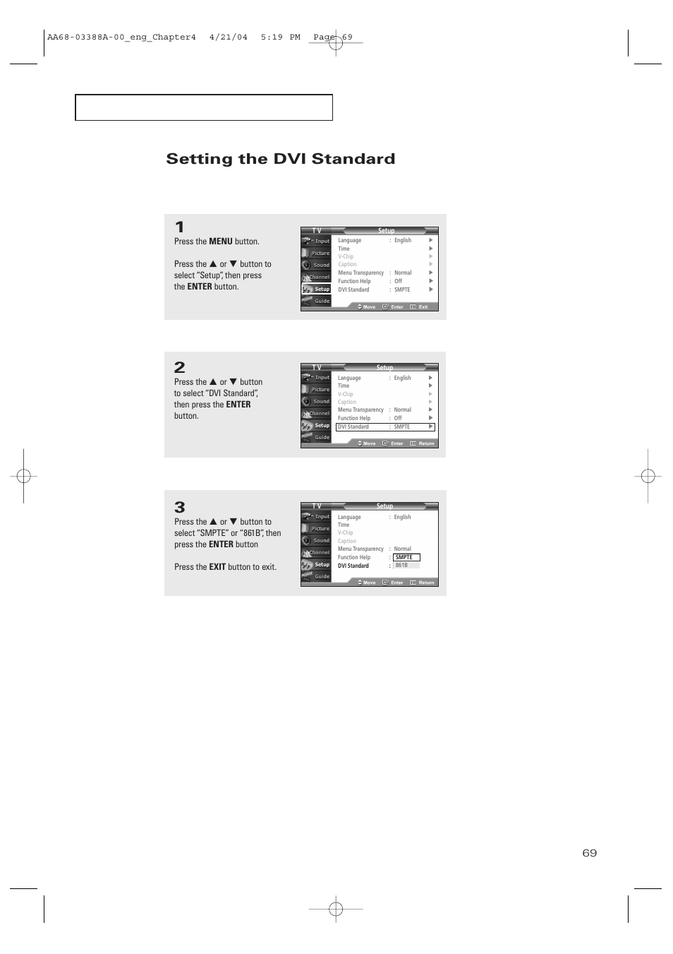 Setting the dvi standard | Samsung DynaFlat TX-P3076WH User Manual | Page 69 / 92
