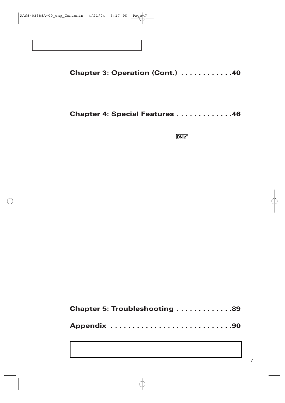 Chapter 3: operation (cont.), Chapter 4: special features, Chapter 5: troubleshooting | Appendix | Samsung DynaFlat TX-P3076WH User Manual | Page 7 / 92