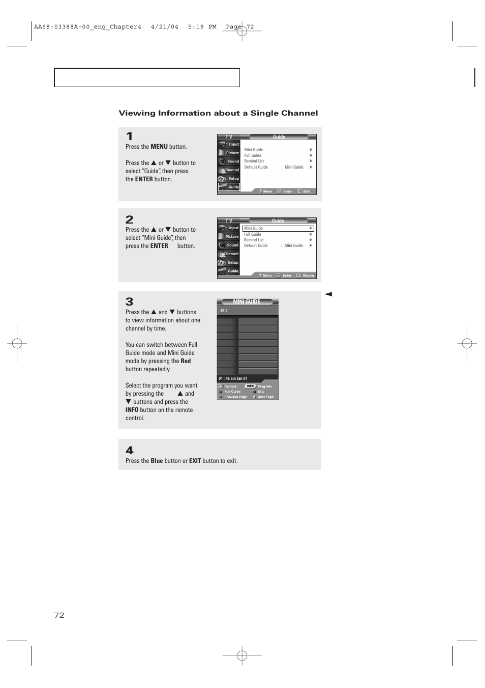 Viewing information about a single channel | Samsung DynaFlat TX-P3076WH User Manual | Page 72 / 92