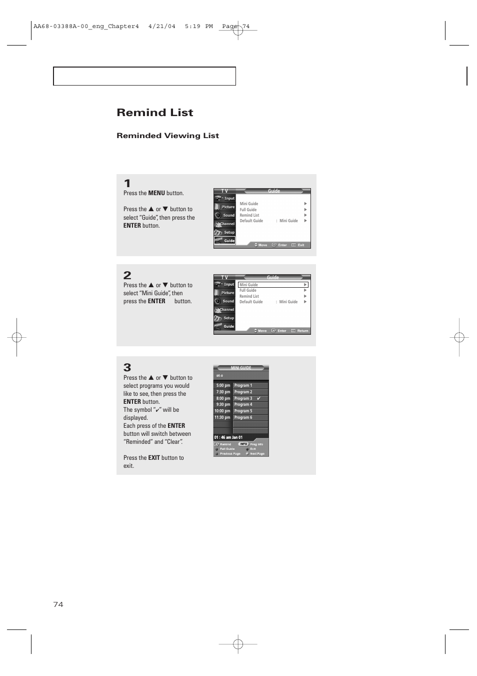 Remind list, Reminded viewing list | Samsung DynaFlat TX-P3076WH User Manual | Page 74 / 92