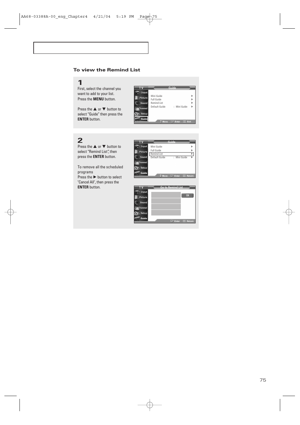 To view the remind list | Samsung DynaFlat TX-P3076WH User Manual | Page 75 / 92