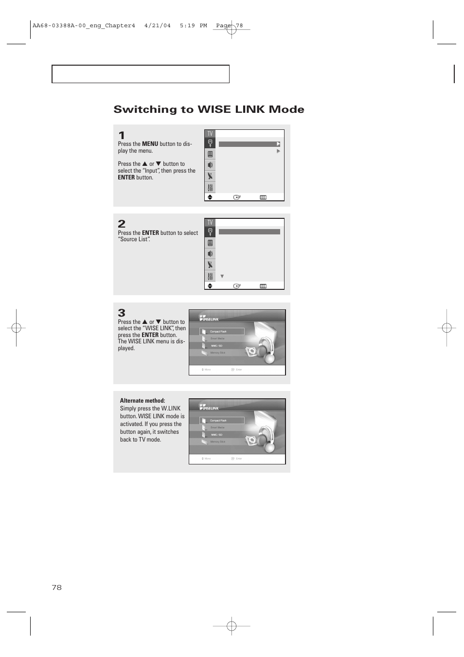 Switching to wise link mode | Samsung DynaFlat TX-P3076WH User Manual | Page 78 / 92