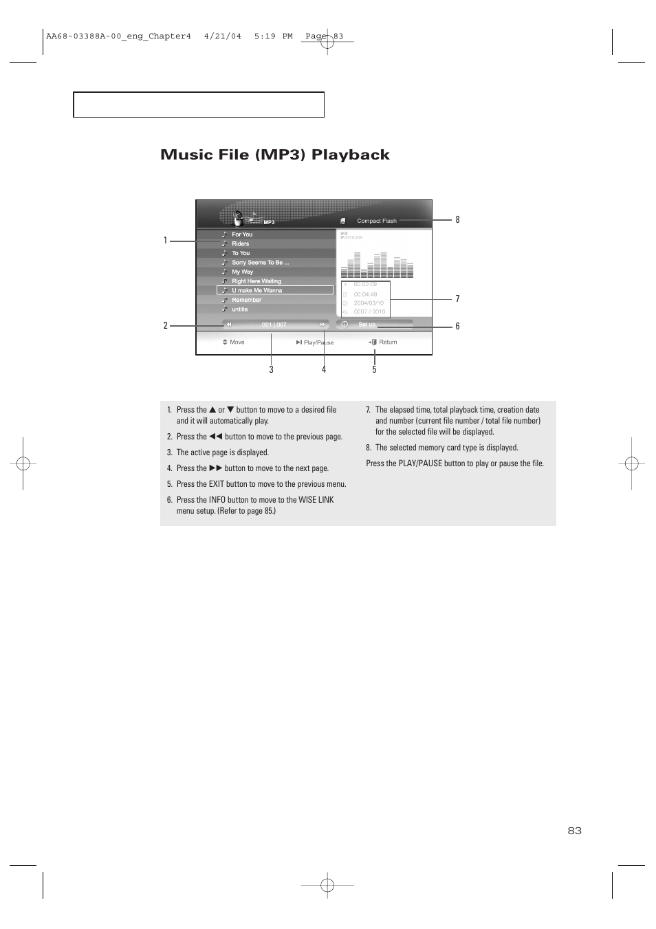 Music file (mp3) playback | Samsung DynaFlat TX-P3076WH User Manual | Page 83 / 92