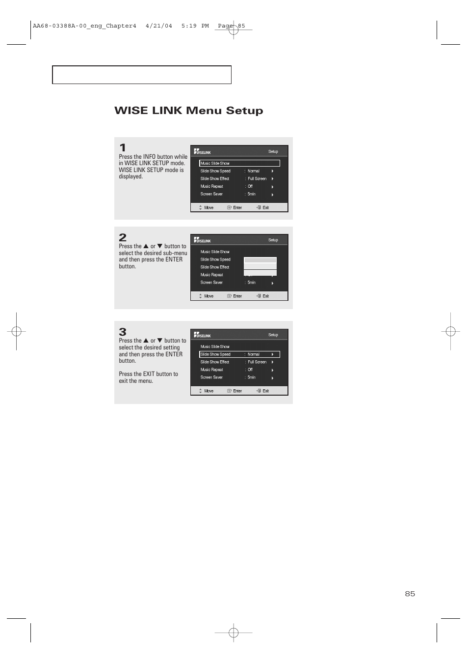 Wise link menu setup | Samsung DynaFlat TX-P3076WH User Manual | Page 85 / 92
