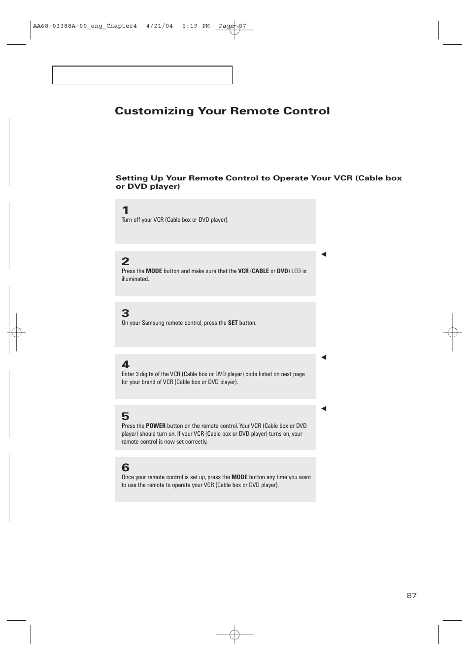 Customizing your remote control | Samsung DynaFlat TX-P3076WH User Manual | Page 87 / 92