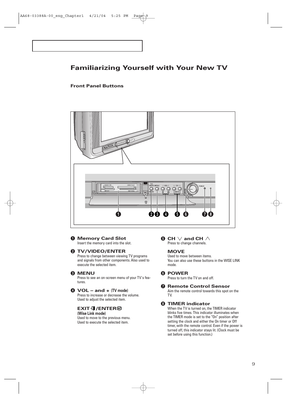Familiarizing yourself with your new tv, Front panel buttons | Samsung DynaFlat TX-P3076WH User Manual | Page 9 / 92