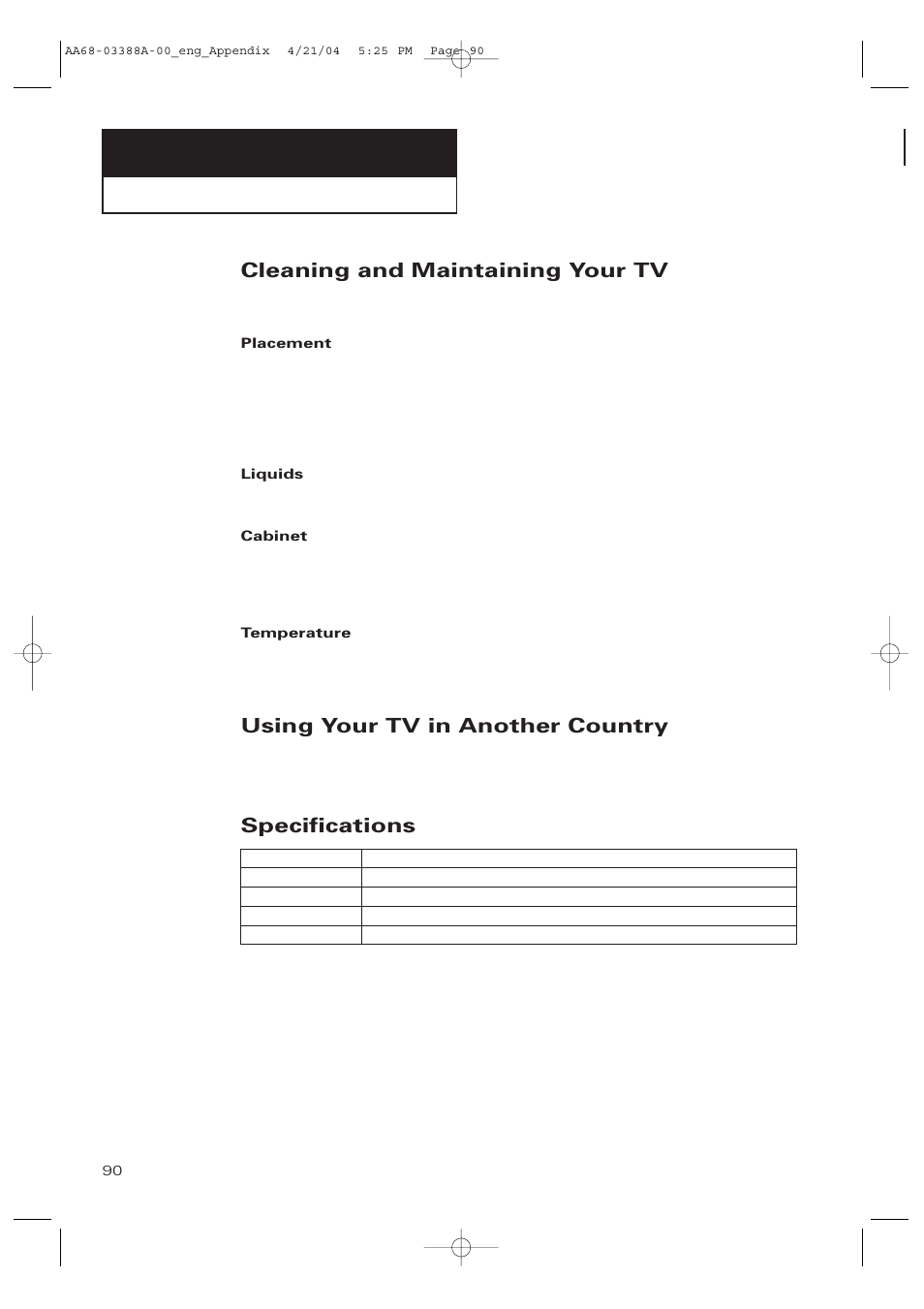 Appendix, Cleaning and maintaining your tv, Using your tv in another country | Specifications | Samsung DynaFlat TX-P3076WH User Manual | Page 90 / 92