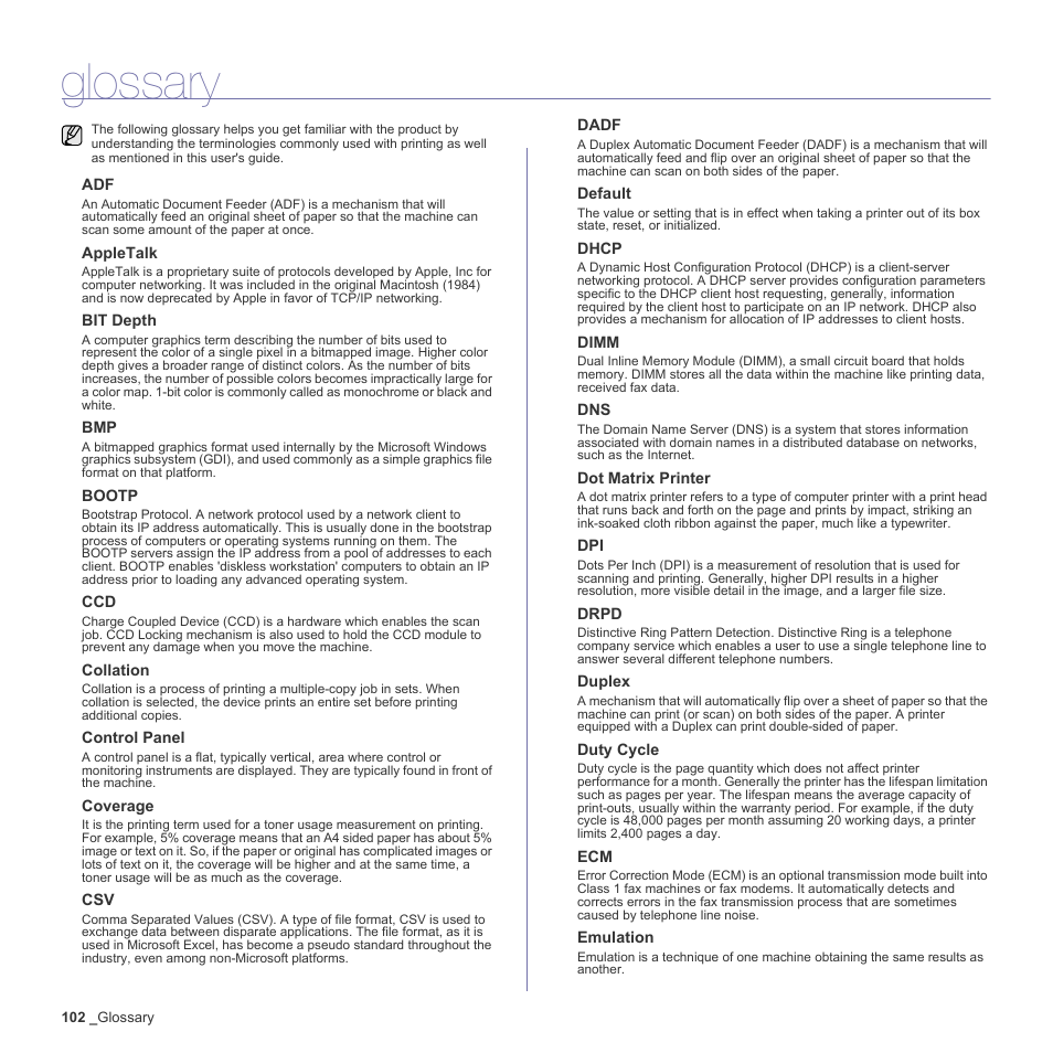 Glossary | Samsung CLX-6200ND User Manual | Page 102 / 161