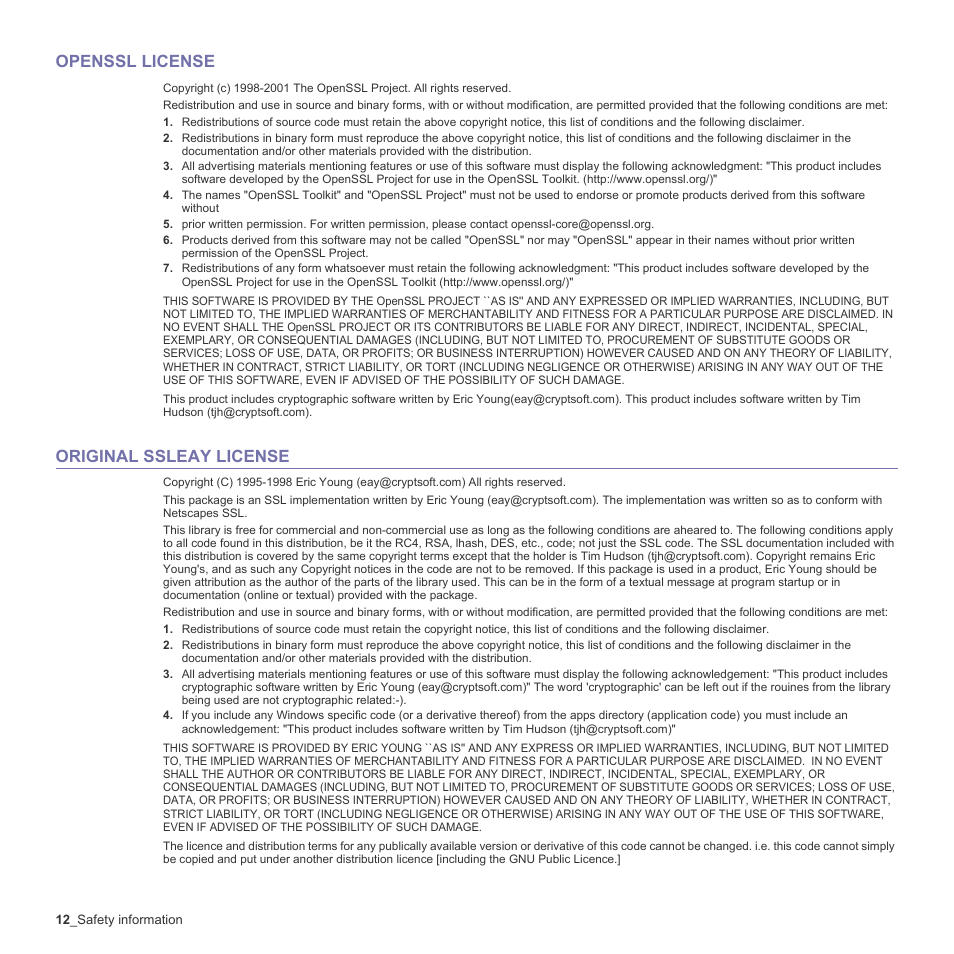 Openssl license, Original ssleay license | Samsung CLX-6200ND User Manual | Page 12 / 161