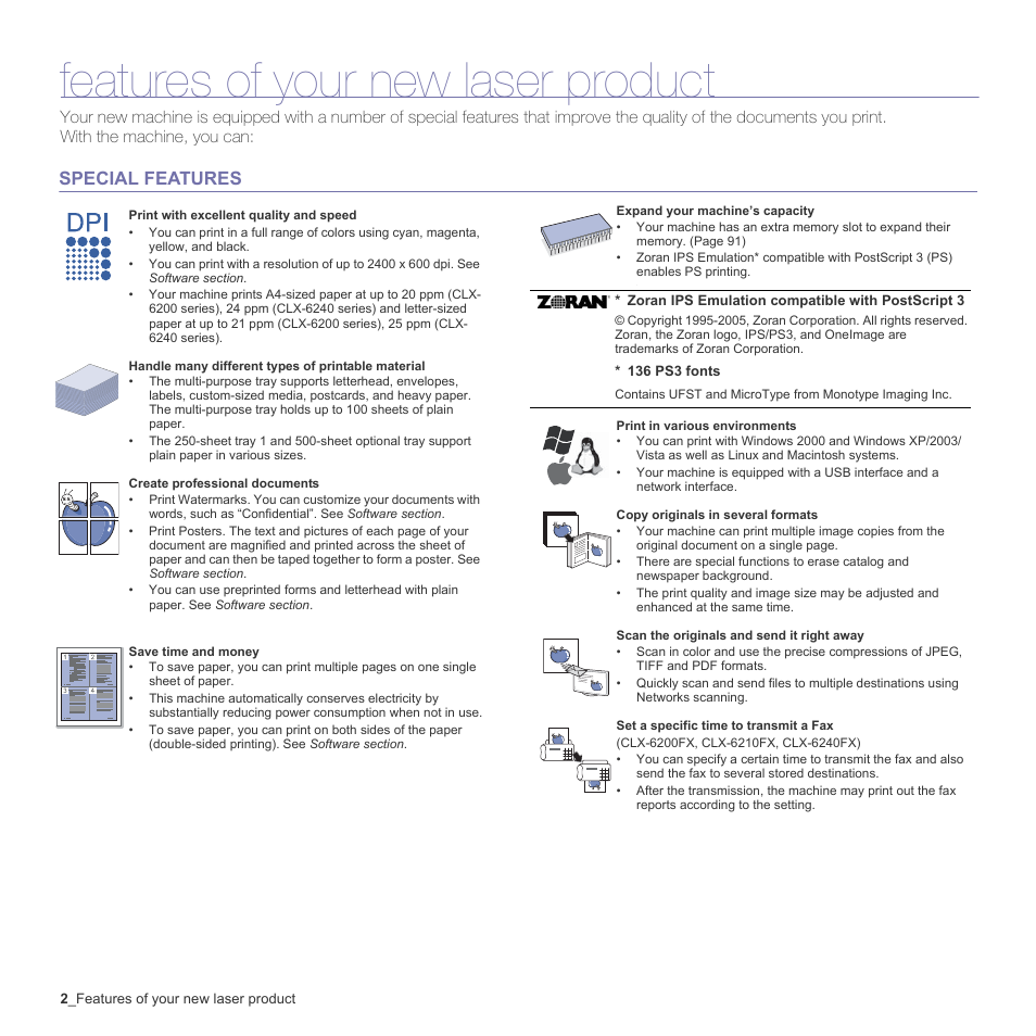 Features of your new laser product, Special features | Samsung CLX-6200ND User Manual | Page 2 / 161