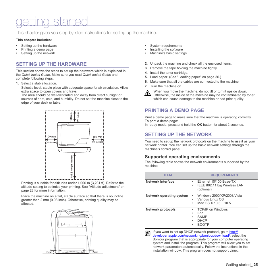 Getting started, Setting up the hardware, Setting up the network | Supported operating environments, Printing a demo page | Samsung CLX-6200ND User Manual | Page 25 / 161