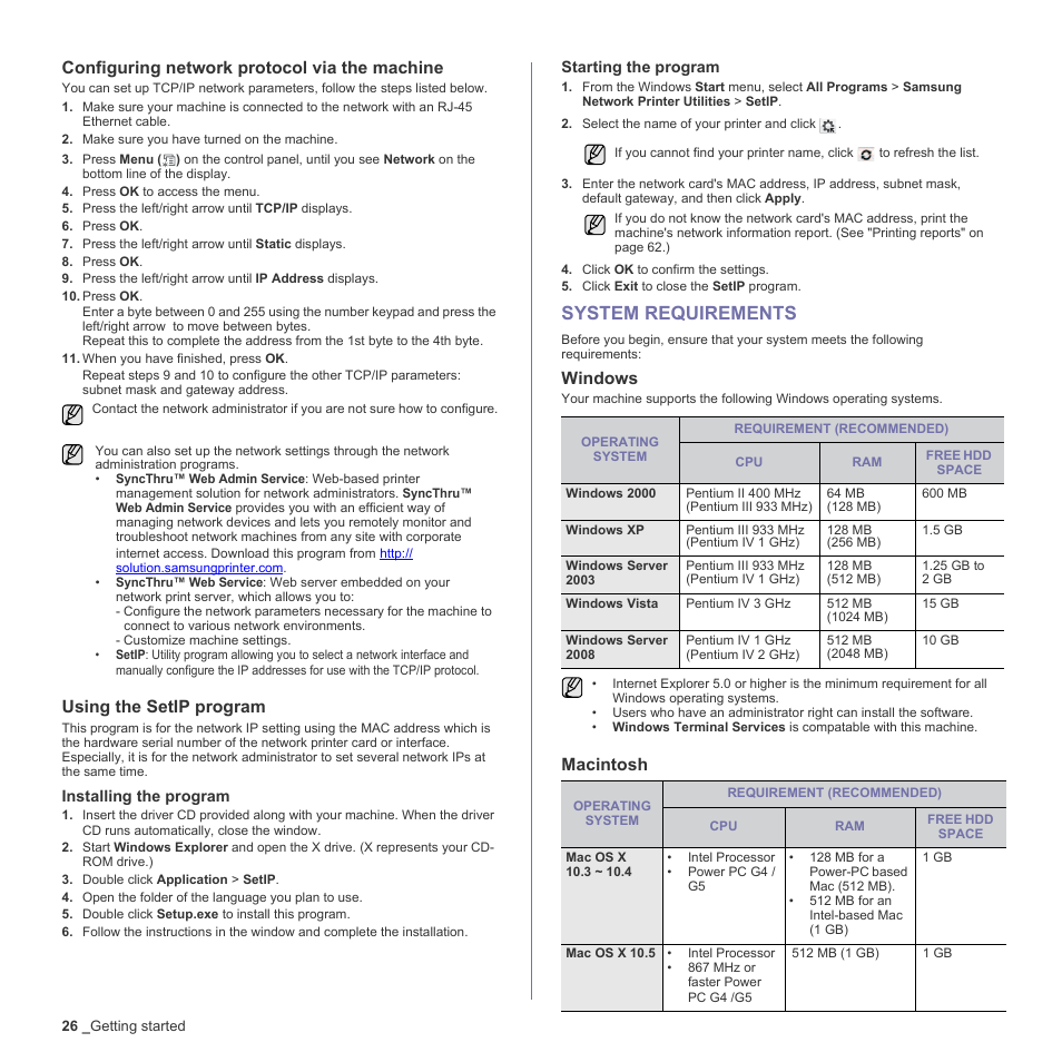 Configuring network protocol via the machine, Using the setip program, System requirements | Windows, Macintosh, 26 system requirements | Samsung CLX-6200ND User Manual | Page 26 / 161