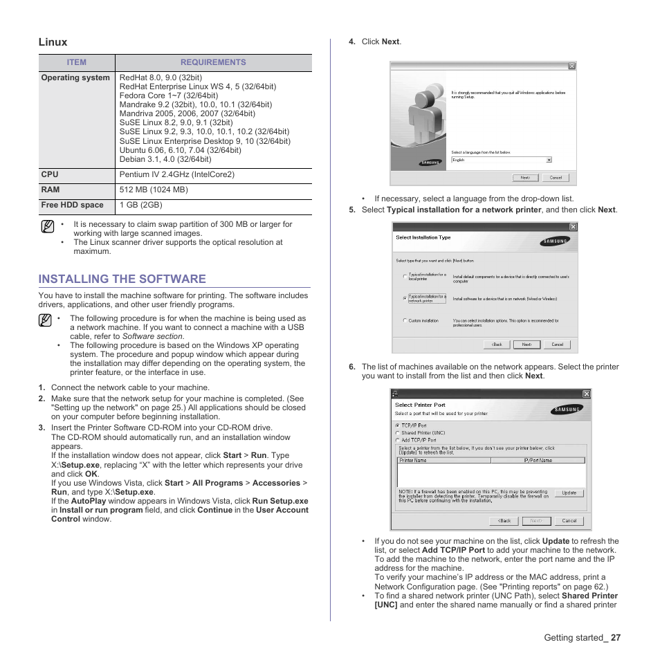 Linux, Installing the software, 27 installing the software | Samsung CLX-6200ND User Manual | Page 27 / 161