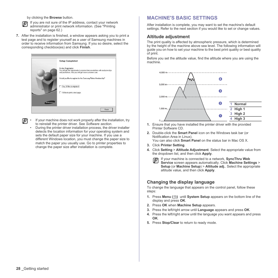 Machine's basic settings, Altitude adjustment, Changing the display language | 28 machine's basic settings, E 