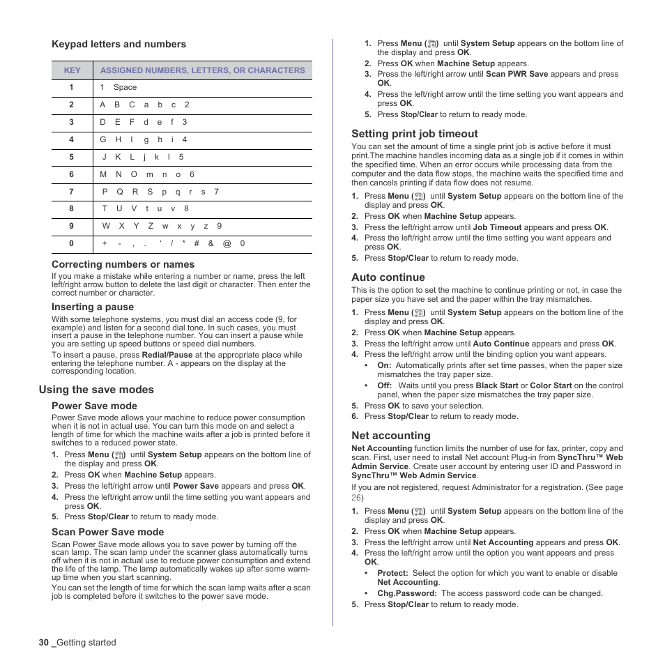 Using the save modes, Setting print job timeout, Auto continue | Net accounting, E 30 | Samsung CLX-6200ND User Manual | Page 30 / 161