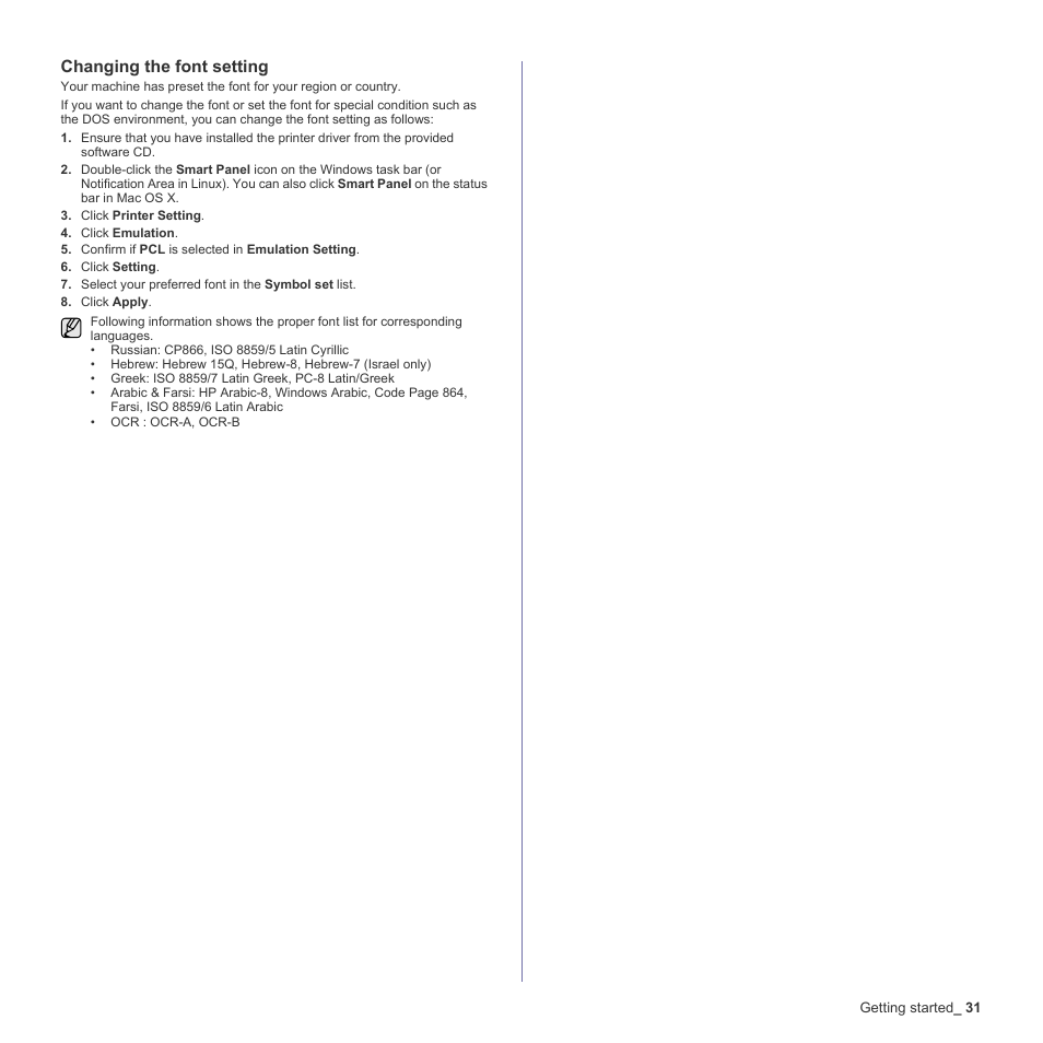 Changing the font setting | Samsung CLX-6200ND User Manual | Page 31 / 161