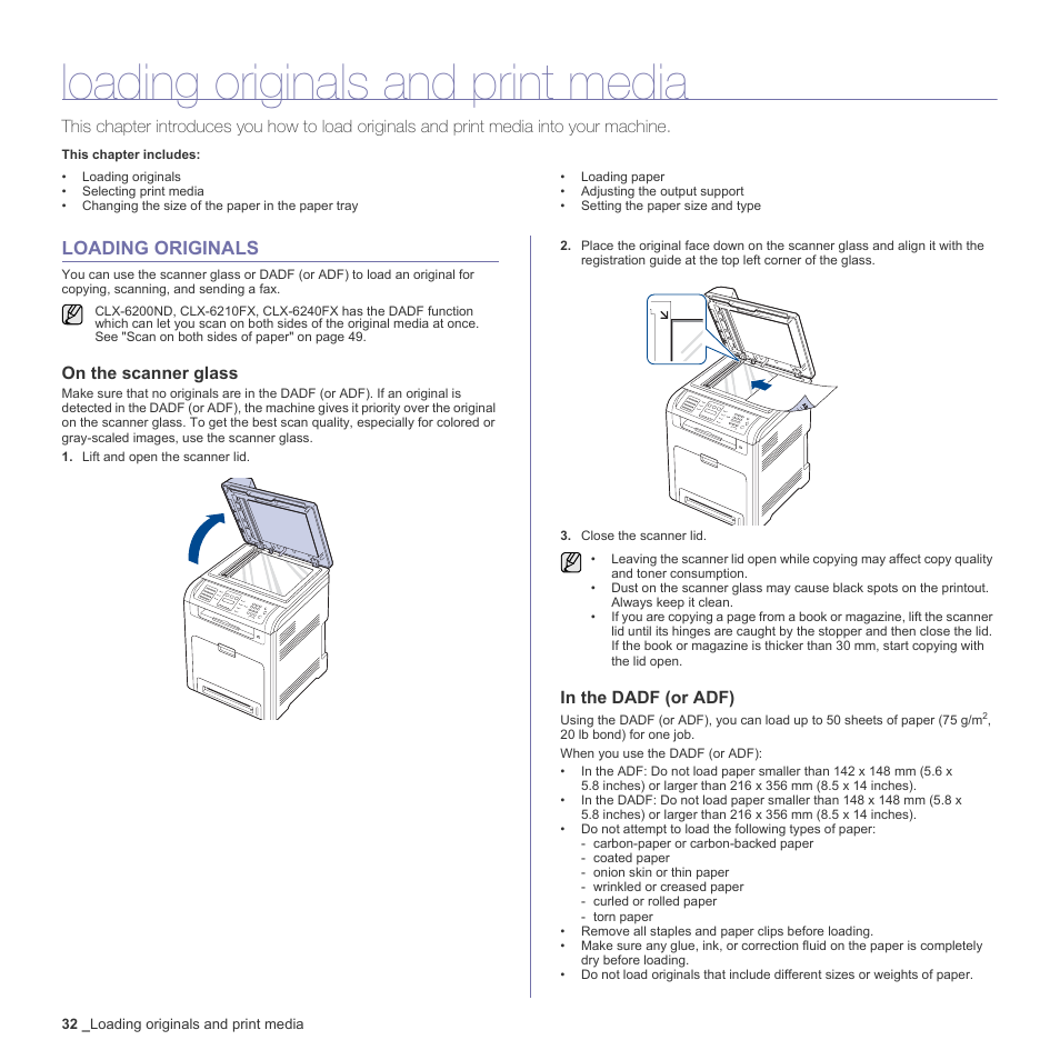 Loading originals and print media, Loading originals, On the scanner glass | In the dadf (or adf), 32 loading originals | Samsung CLX-6200ND User Manual | Page 32 / 161