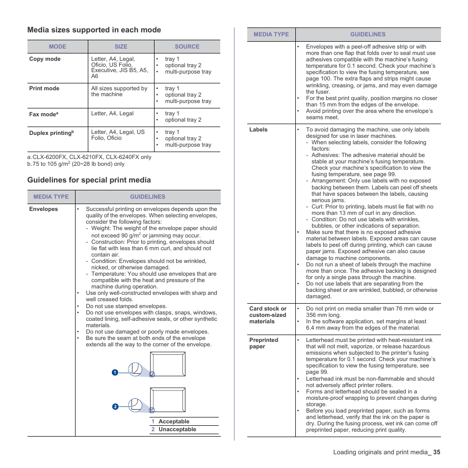 Media sizes supported in each mode, Guidelines for special print media | Samsung CLX-6200ND User Manual | Page 35 / 161
