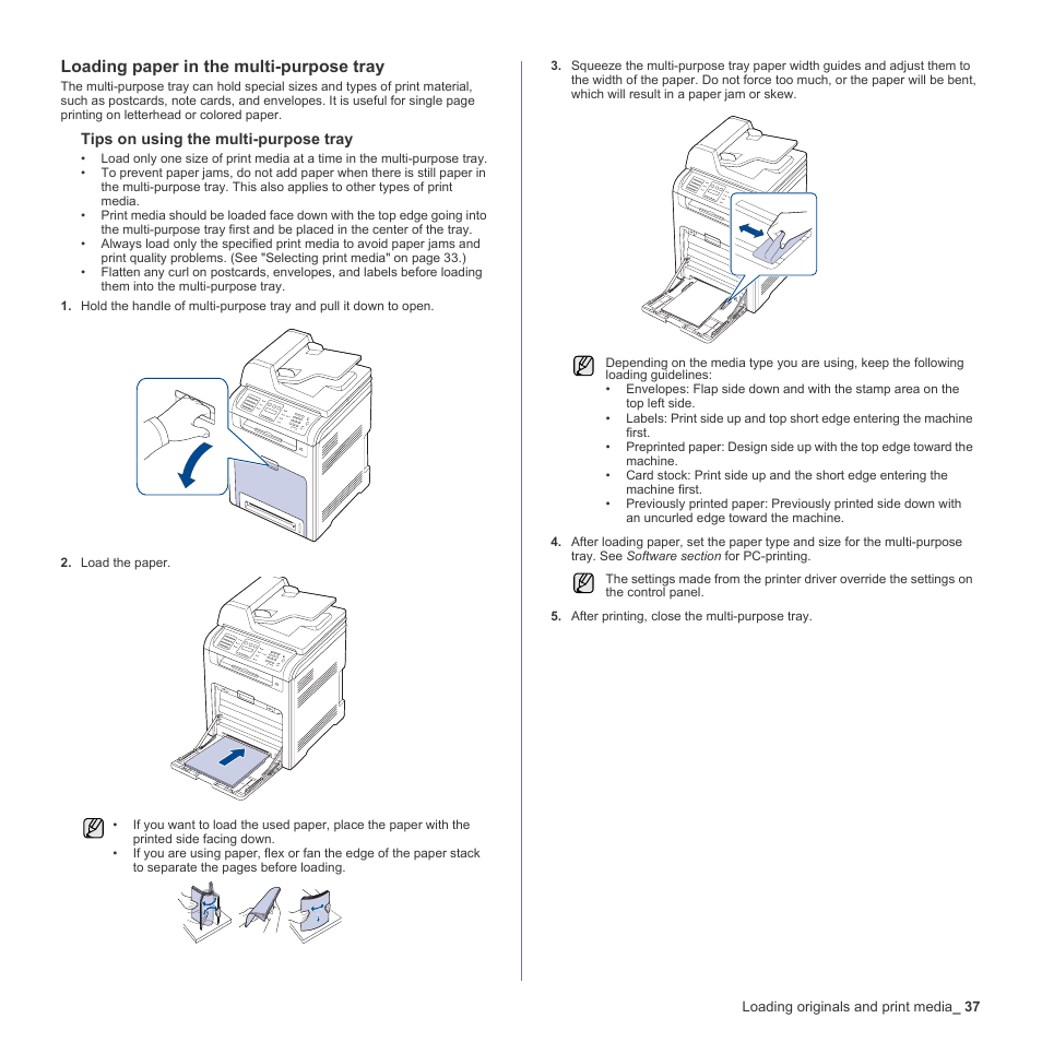Loading paper in the multi-purpose tray | Samsung CLX-6200ND User Manual | Page 37 / 161