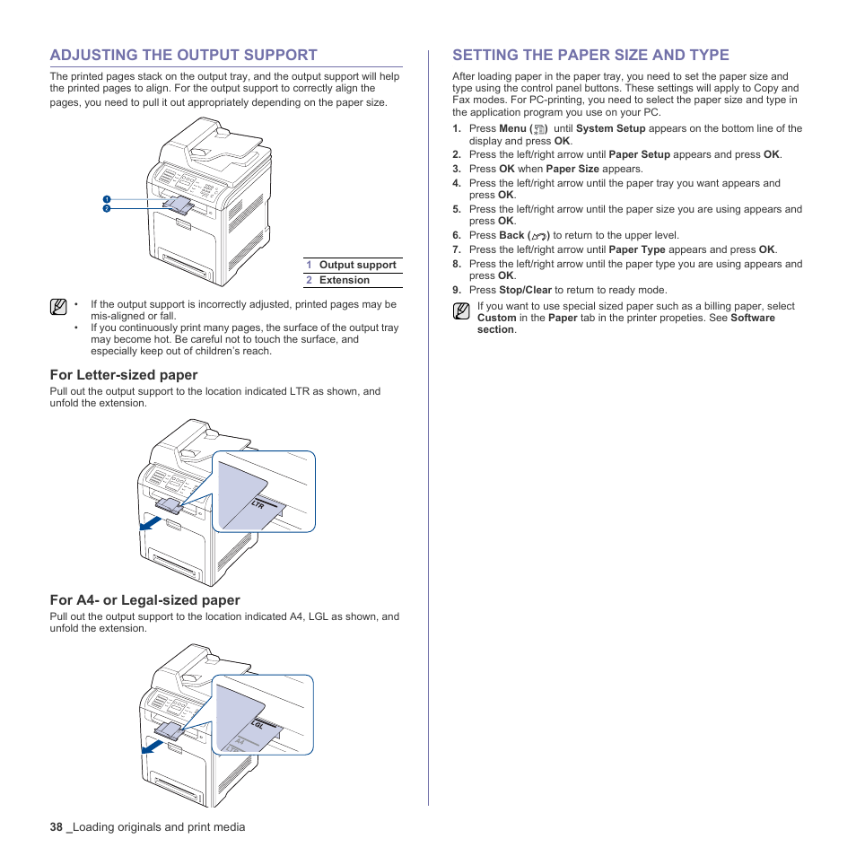 Adjusting the output support, For letter-sized paper, For a4- or legal-sized paper | Setting the paper size and type, 38 adjusting the output support, 38 setting the paper size and type | Samsung CLX-6200ND User Manual | Page 38 / 161