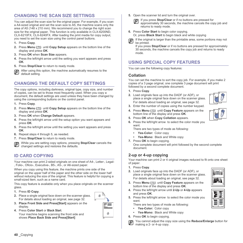 Changing the scan size settings, Changing the default copy settings, Id card copying | Using special copy features, Collation, Up or 4-up copying, Ge 40, E 40 | Samsung CLX-6200ND User Manual | Page 40 / 161