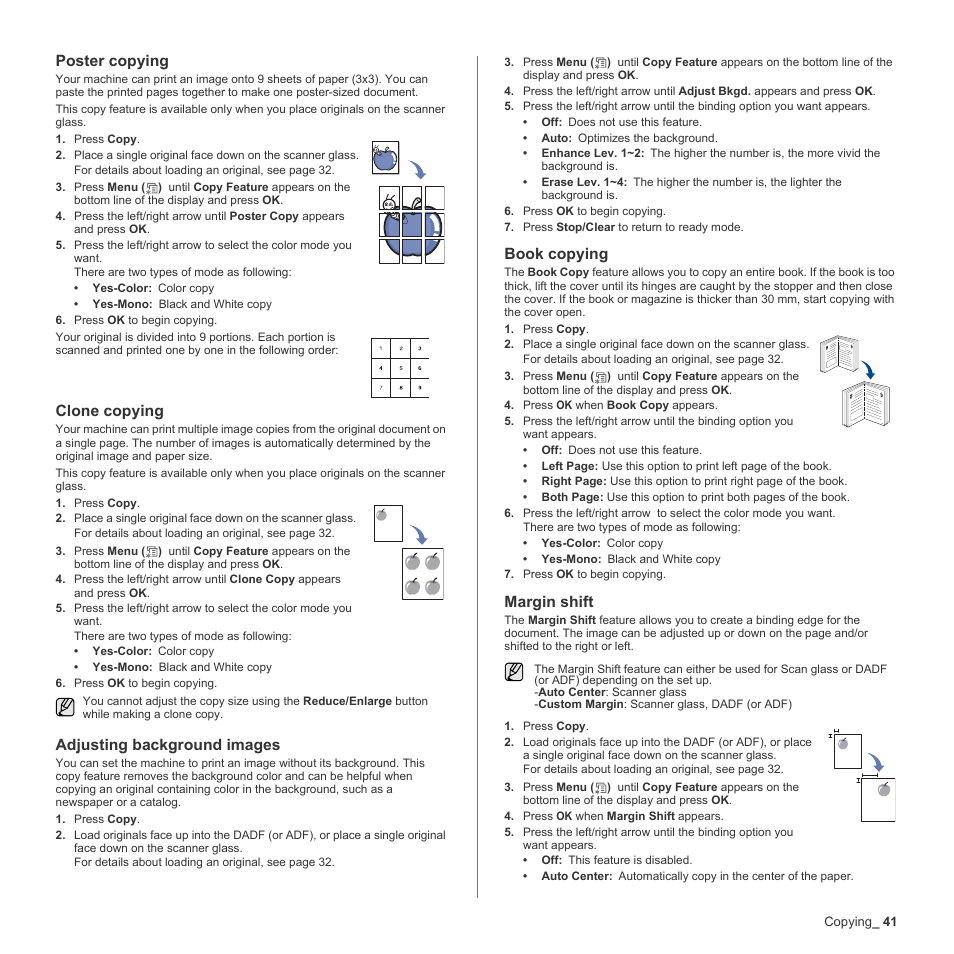 Poster copying, Clone copying, Adjusting background images | Book copying, Margin shift | Samsung CLX-6200ND User Manual | Page 41 / 161