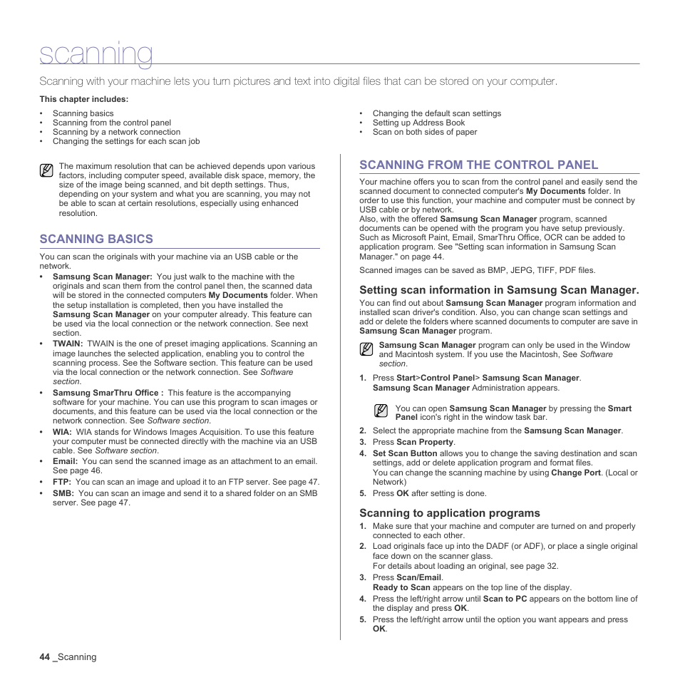 Scanning, Scanning basics, Scanning from the control panel | Setting scan information in samsung scan manager, Scanning to application programs | Samsung CLX-6200ND User Manual | Page 44 / 161