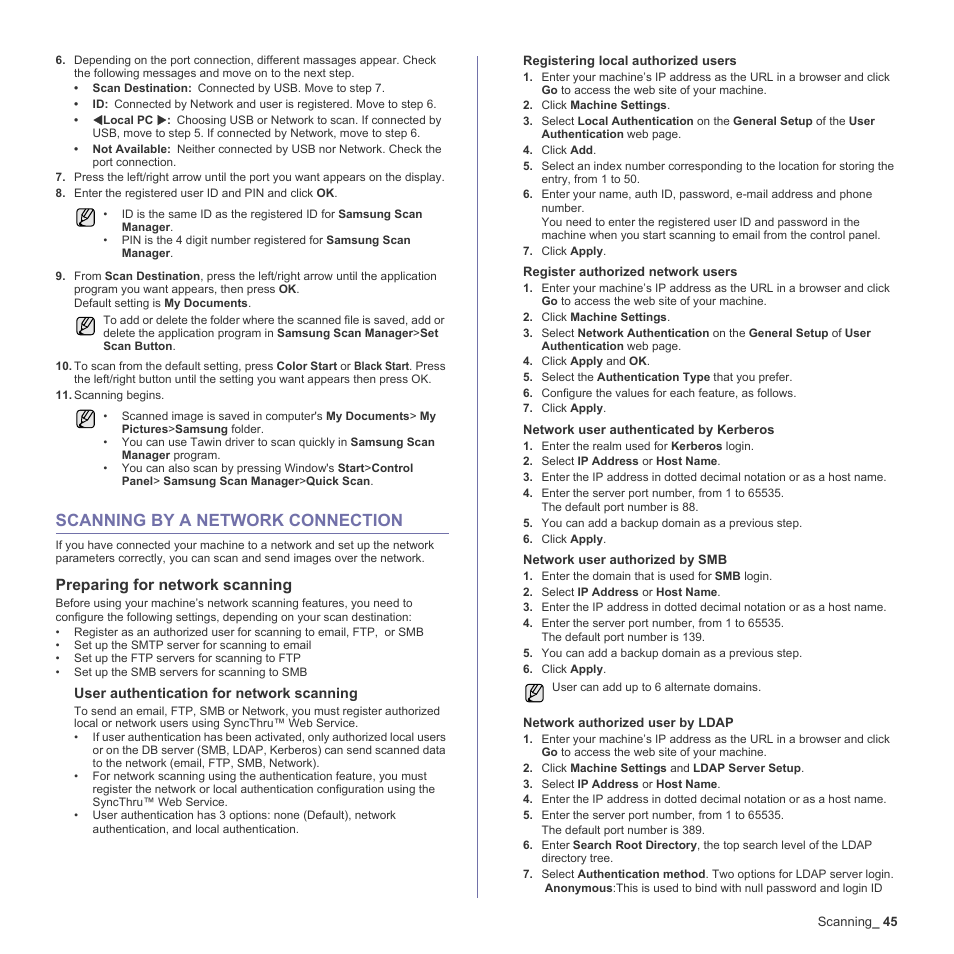 Scanning by a network connection, Preparing for network scanning, 45 scanning by a network connection | Samsung CLX-6200ND User Manual | Page 45 / 161