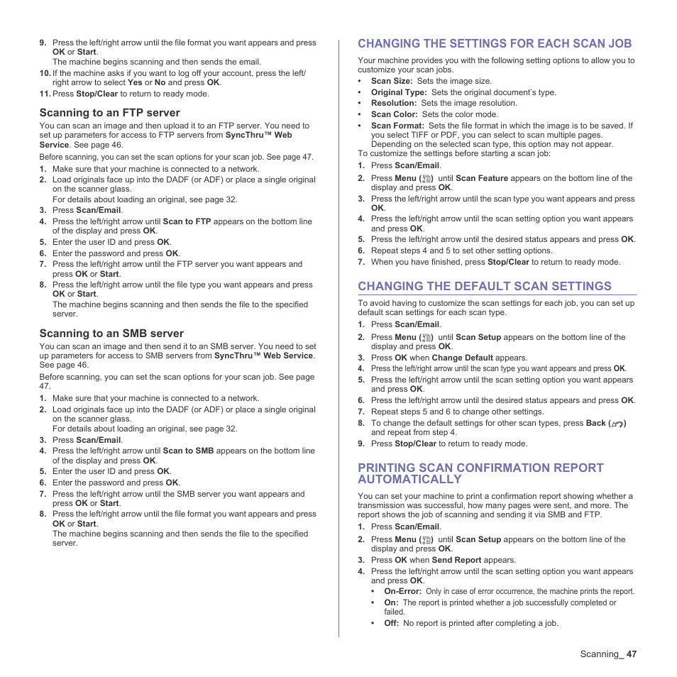 Scanning to an ftp server, Scanning to an smb server, Changing the settings for each scan job | Changing the default scan settings, Printing scan confirmation report automatically | Samsung CLX-6200ND User Manual | Page 47 / 161