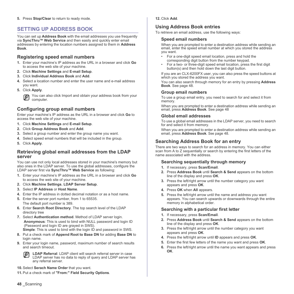 Setting up address book, Registering speed email numbers, Configuring group email numbers | Using address book entries, Searching address book for an entry, 48 setting up address book | Samsung CLX-6200ND User Manual | Page 48 / 161