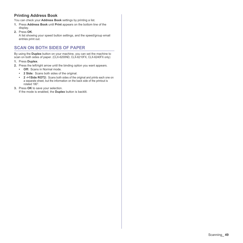 Printing address book, Scan on both sides of paper, 49 scan on both sides of paper | Samsung CLX-6200ND User Manual | Page 49 / 161