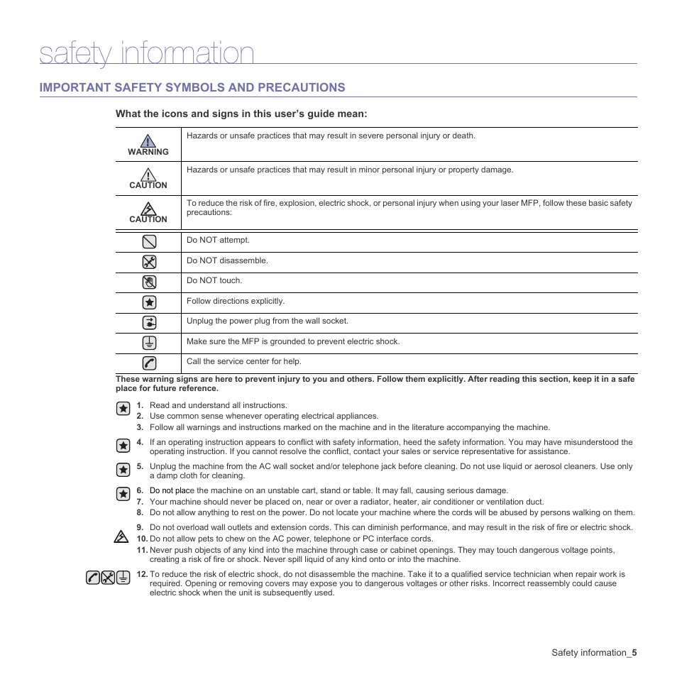 Safety information, Important safety symbols and precautions | Samsung CLX-6200ND User Manual | Page 5 / 161