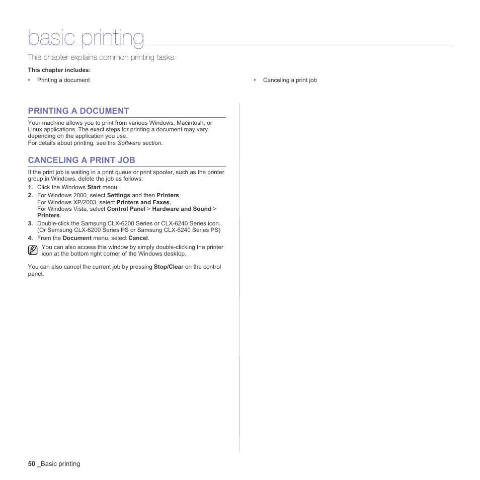 Basic printing, Printing a document, Canceling a print job | 50 printing a document 50 canceling a print job | Samsung CLX-6200ND User Manual | Page 50 / 161