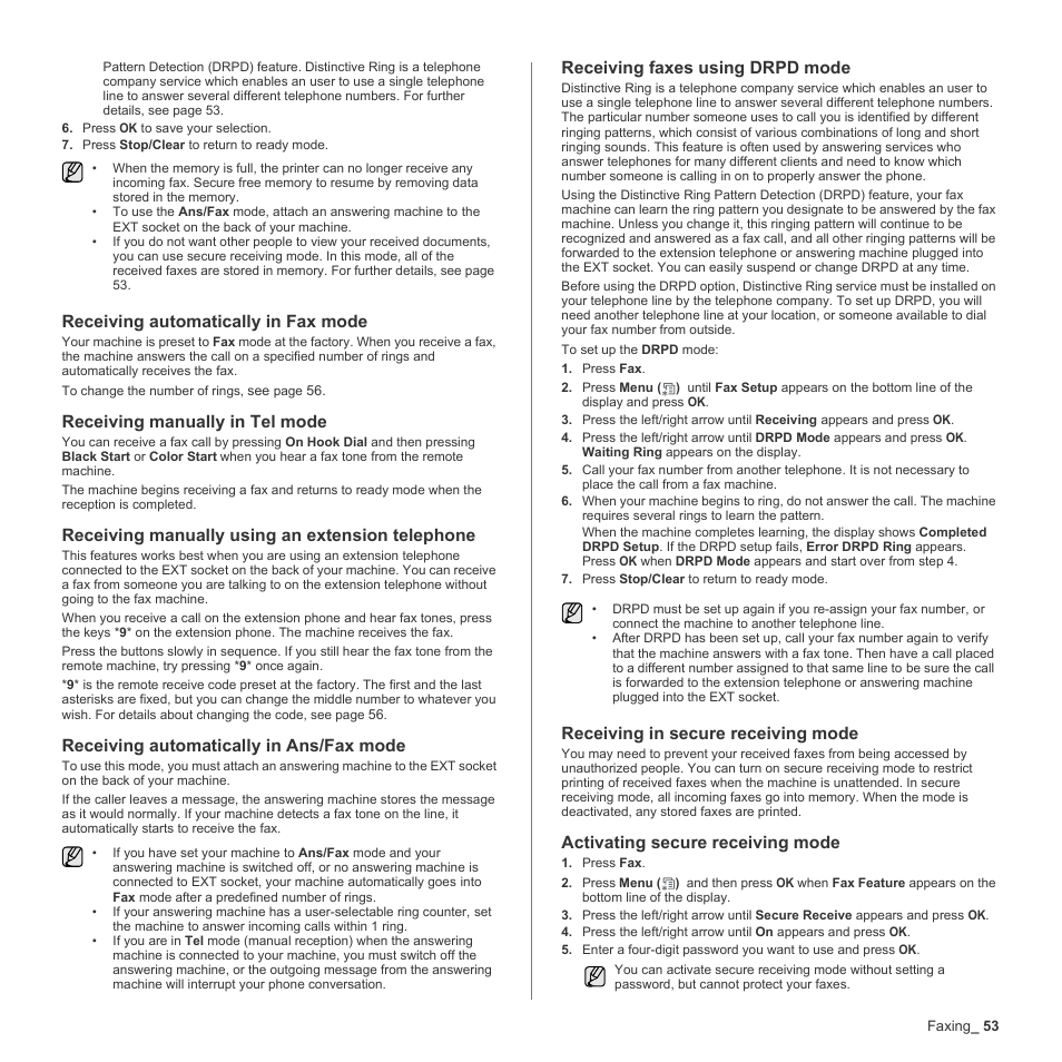 Receiving automatically in fax mode, Receiving manually in tel mode, Receiving manually using an extension telephone | Receiving automatically in ans/fax mode, Receiving faxes using drpd mode, Receiving in secure receiving mode, Activating secure receiving mode | Samsung CLX-6200ND User Manual | Page 53 / 161