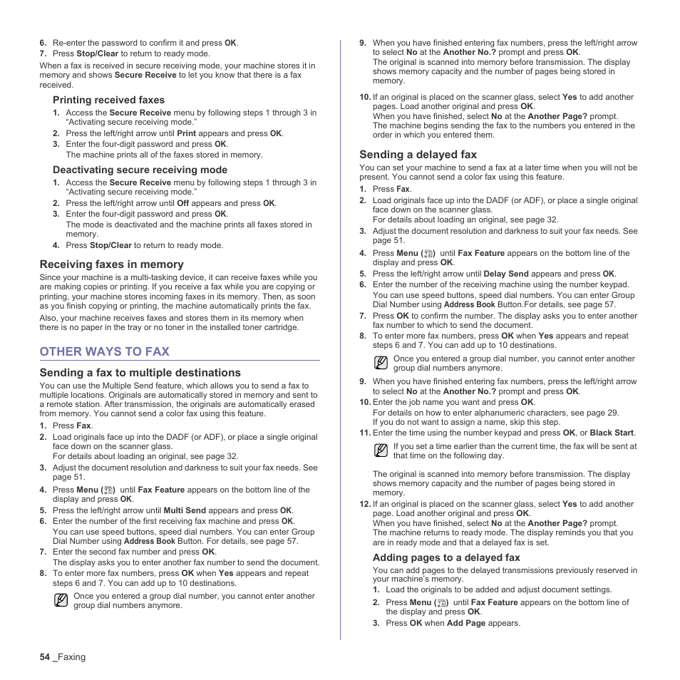Receiving faxes in memory, Other ways to fax, Sending a fax to multiple destinations | Sending a delayed fax, 54 other ways to fax | Samsung CLX-6200ND User Manual | Page 54 / 161
