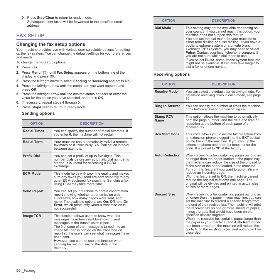Fax setup, Changing the fax setup options, 56 fax setup | Samsung CLX-6200ND User Manual | Page 56 / 161