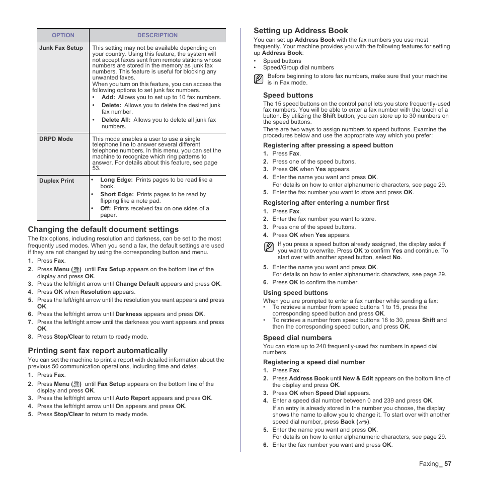 Changing the default document settings, Printing sent fax report automatically, Setting up address book | Age 57, E 57 | Samsung CLX-6200ND User Manual | Page 57 / 161
