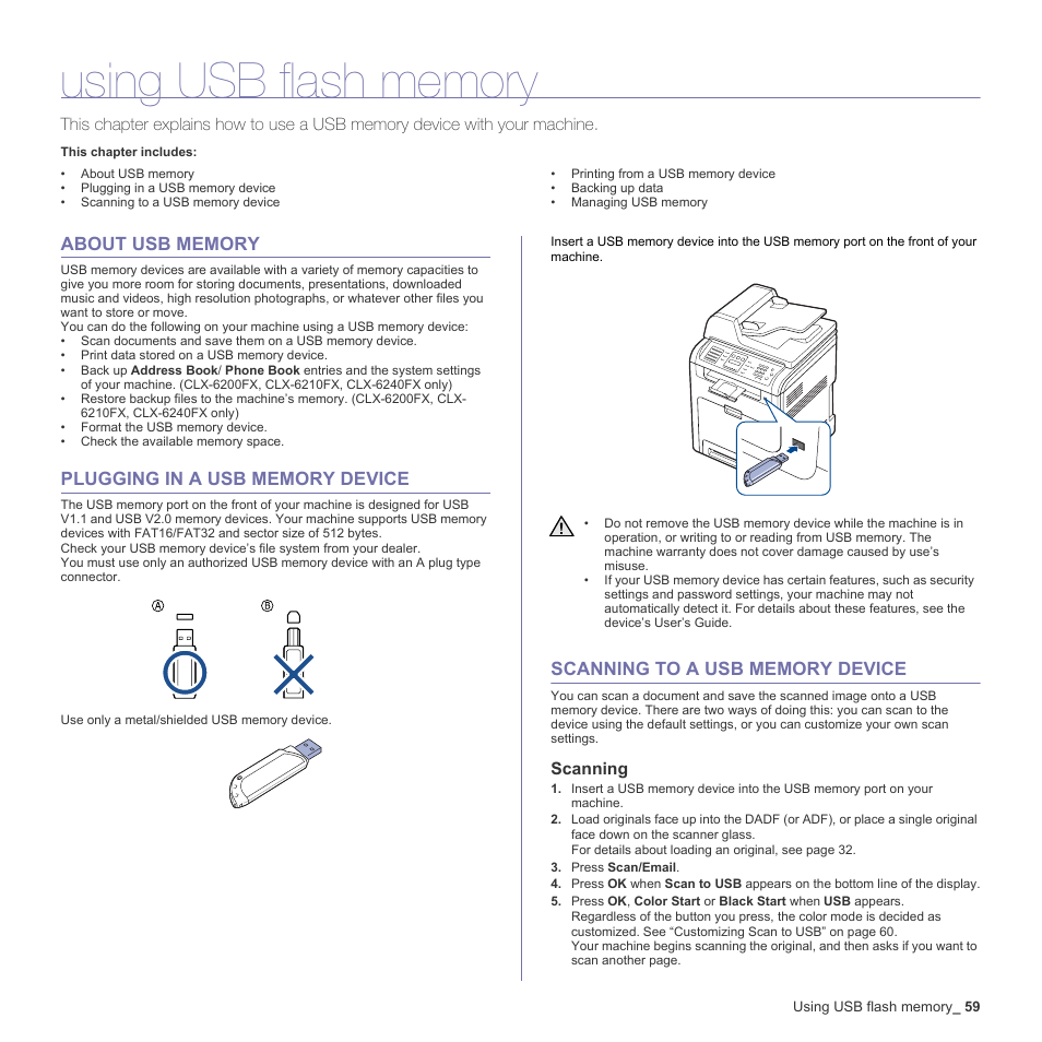 Using usb flash memory, About usb memory, Plugging in a usb memory device | Scanning to a usb memory device, Scanning, Ge 59, E 59 | Samsung CLX-6200ND User Manual | Page 59 / 161