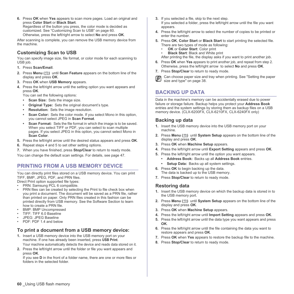 Customizing scan to usb, Printing from a usb memory device, To print a document from a usb memory device | Backing up data, Restoring data, 60 printing from a usb memory device, 60 backing up data, Customizing scan to usb” on, Age 60 | Samsung CLX-6200ND User Manual | Page 60 / 161