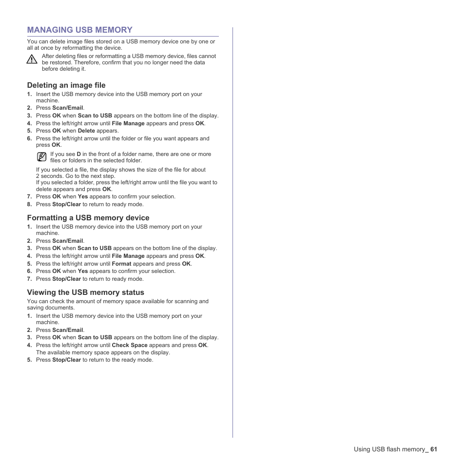 Managing usb memory, Deleting an image file, Formatting a usb memory device | Viewing the usb memory status, 61 managing usb memory | Samsung CLX-6200ND User Manual | Page 61 / 161