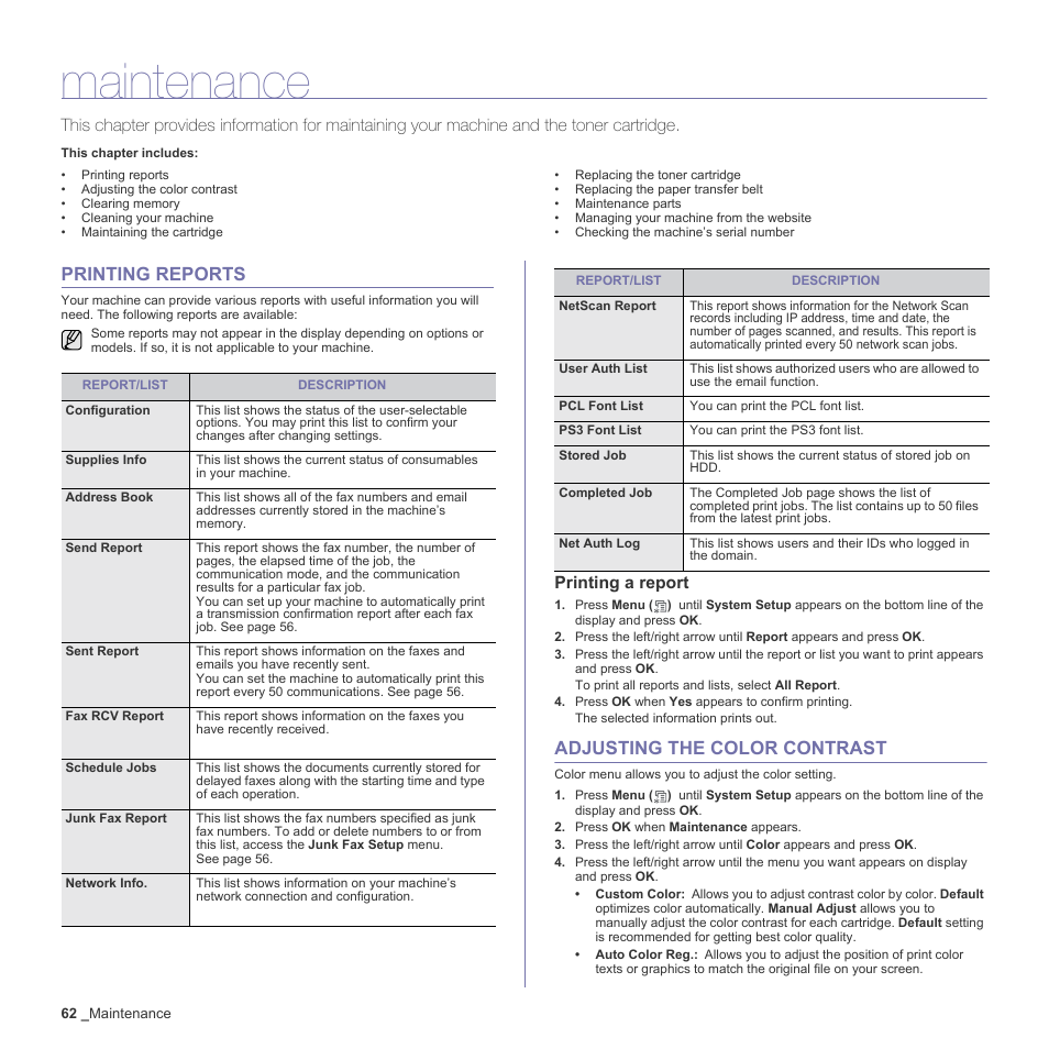 Maintenance, Printing reports, Printing a report | Adjusting the color contrast, 62 printing reports, 62 adjusting the color contrast | Samsung CLX-6200ND User Manual | Page 62 / 161