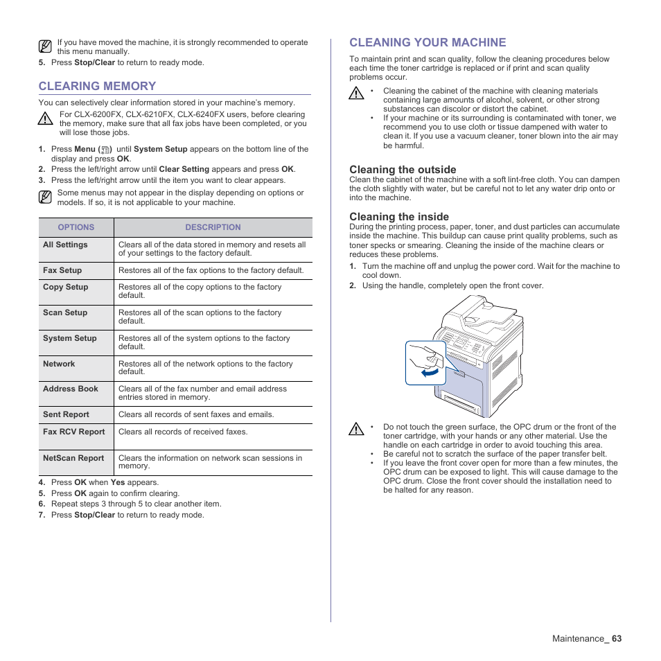 Clearing memory, Cleaning your machine, Cleaning the outside | Cleaning the inside, 63 clearing memory 63 cleaning your machine | Samsung CLX-6200ND User Manual | Page 63 / 161