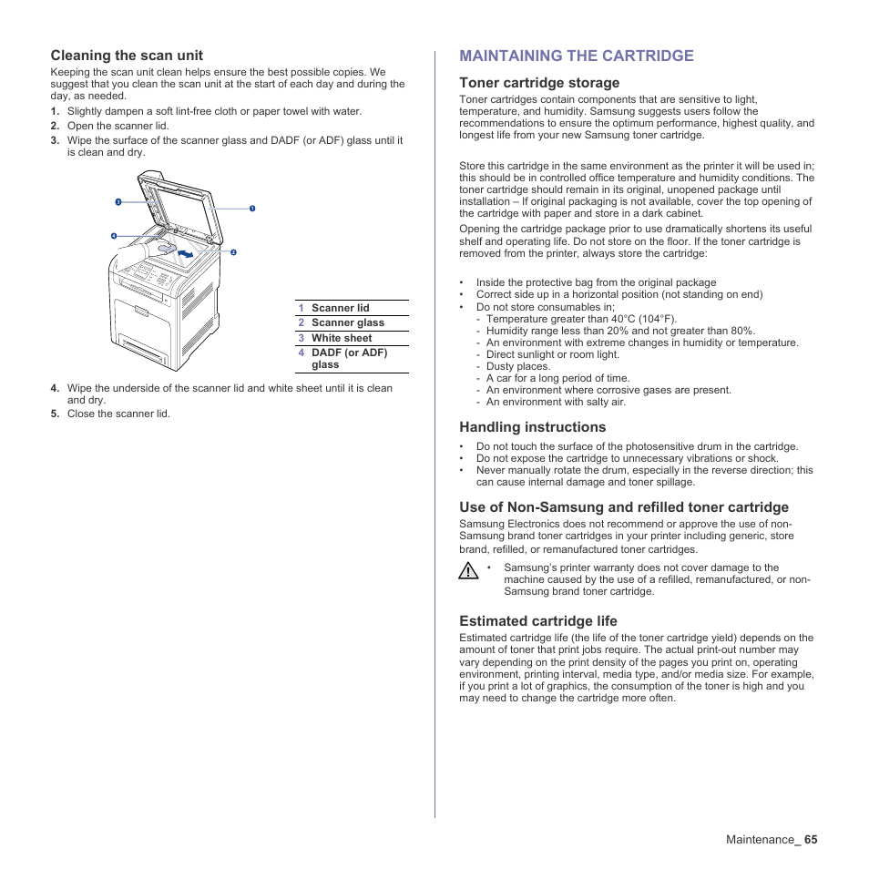 Cleaning the scan unit, Maintaining the cartridge, Toner cartridge storage | Handling instructions, Use of non-samsung and refilled toner cartridge, Estimated cartridge life, 65 maintaining the cartridge, Expected cartridge life, Redistributing toner | Samsung CLX-6200ND User Manual | Page 65 / 161