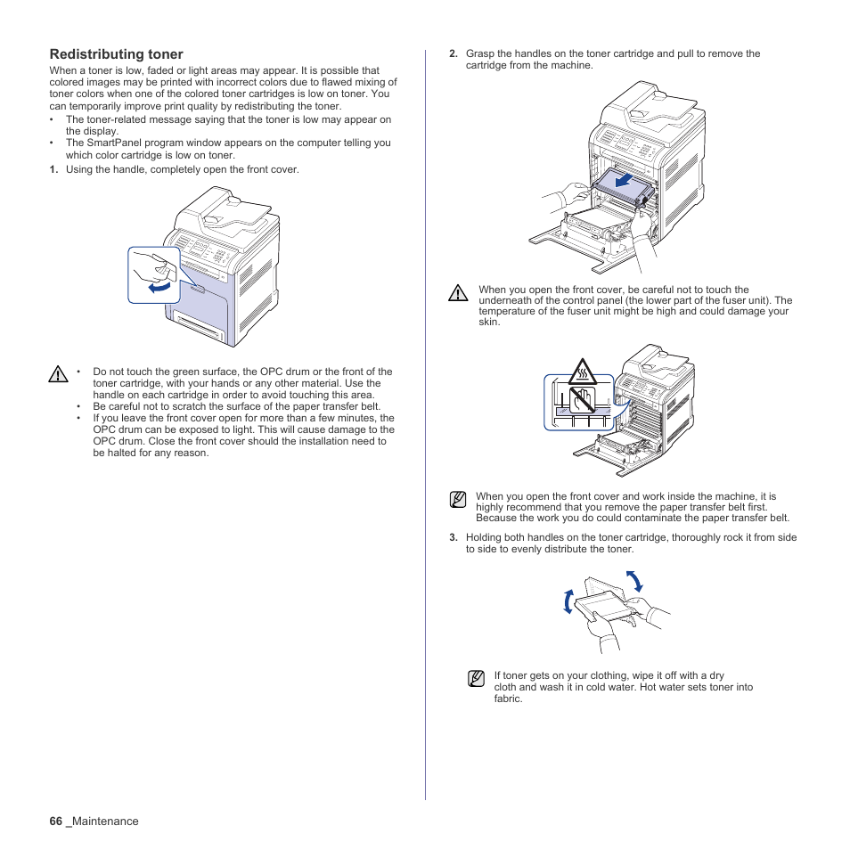 Redistributing toner, Replacing the toner cartridge, 66 replacing the toner cartridge | Samsung CLX-6200ND User Manual | Page 66 / 161